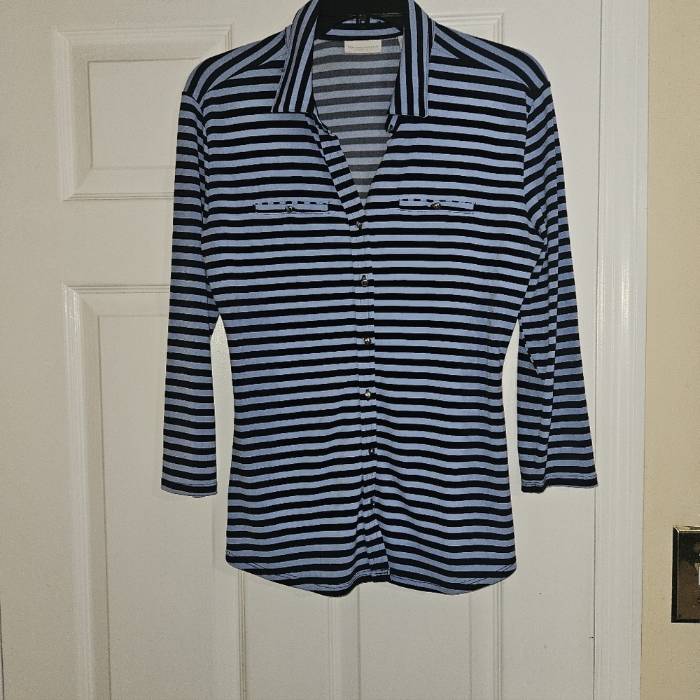 New York & Company Navy and Light Blue Striped Top